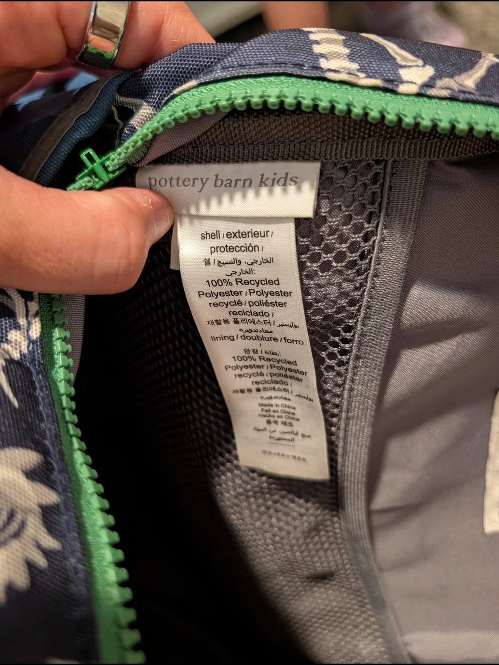 Pottery Barn Kids Navy Dinosaur Print Backpack with Blue Pocket and Green Zipper